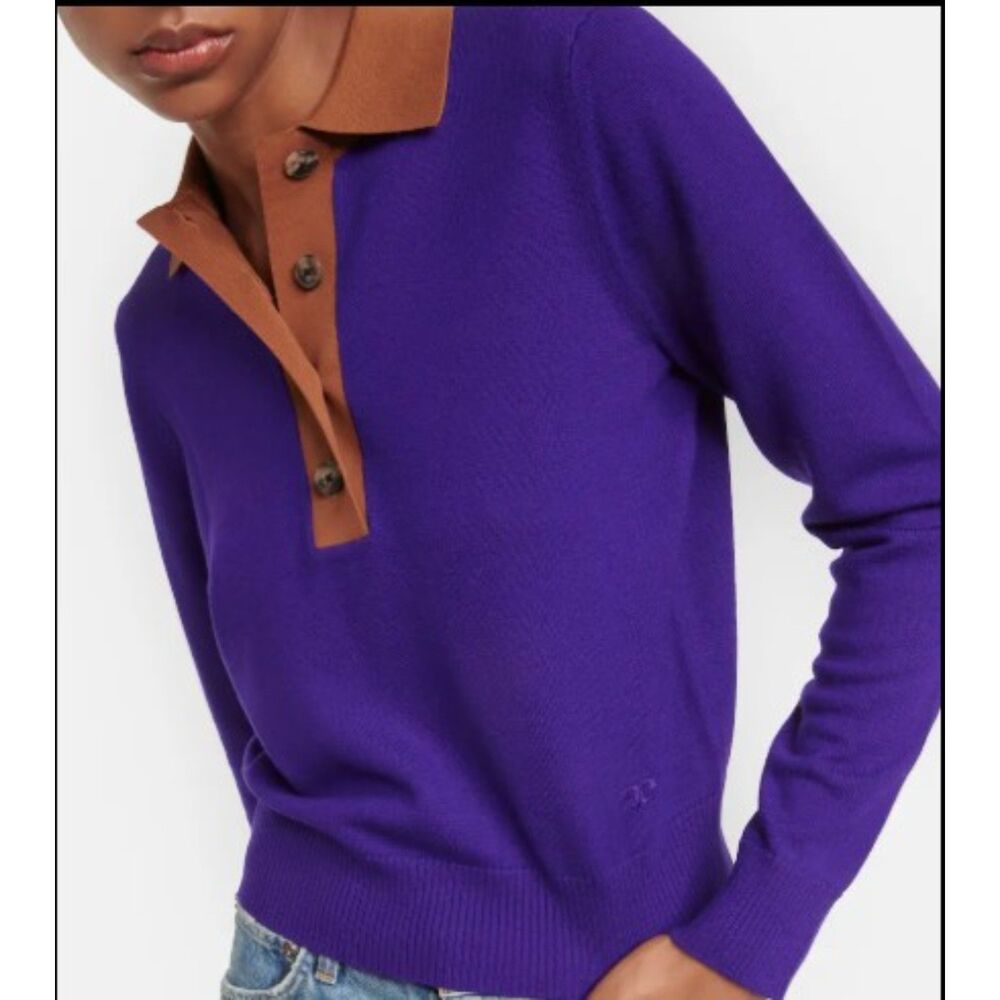 Tory Burch Merino Wool Polo Sweater Prep Colorblock Purple Brown Sz XL
